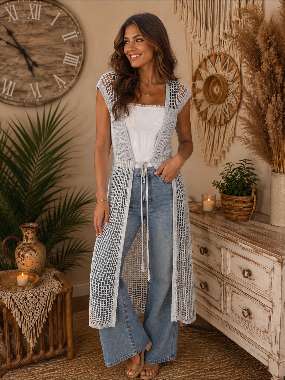 New Allie Rose Light Gray Open-Knit Duster Vest - Women Tops